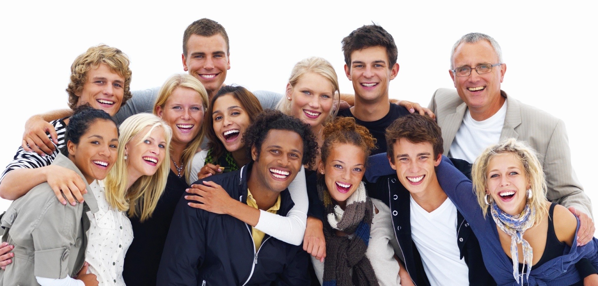 Group of smiling friends against white background.