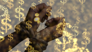 A pair of hands bound with rope, symbolizing financial bondage, overlaid with glowing golden dollar signs, representing the struggle of being trapped by money concerns.