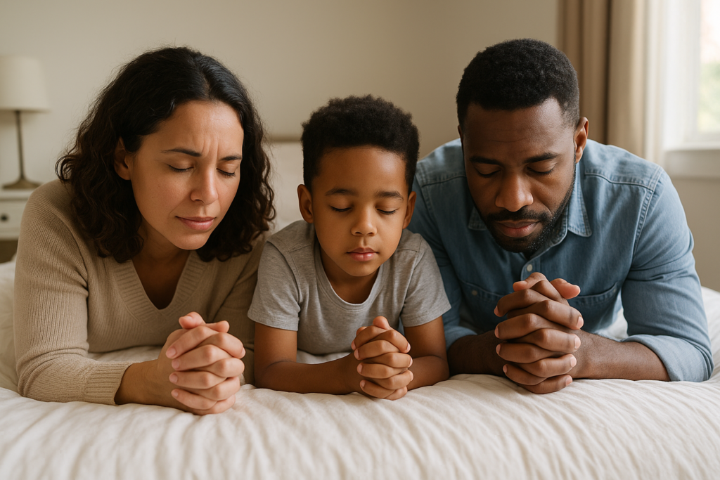 Parents praying over their child during a quiet moment at home