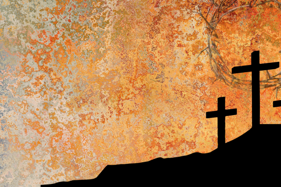 Three crosses silhouetted on a hill against a rust-textured background with a crown of thorns above, symbolizing Christ’s sacrifice and redemption.