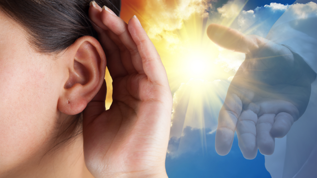 Person cupping their ear with a bright heavenly light and an open hand in the sky symbolizing hearing God's voice.