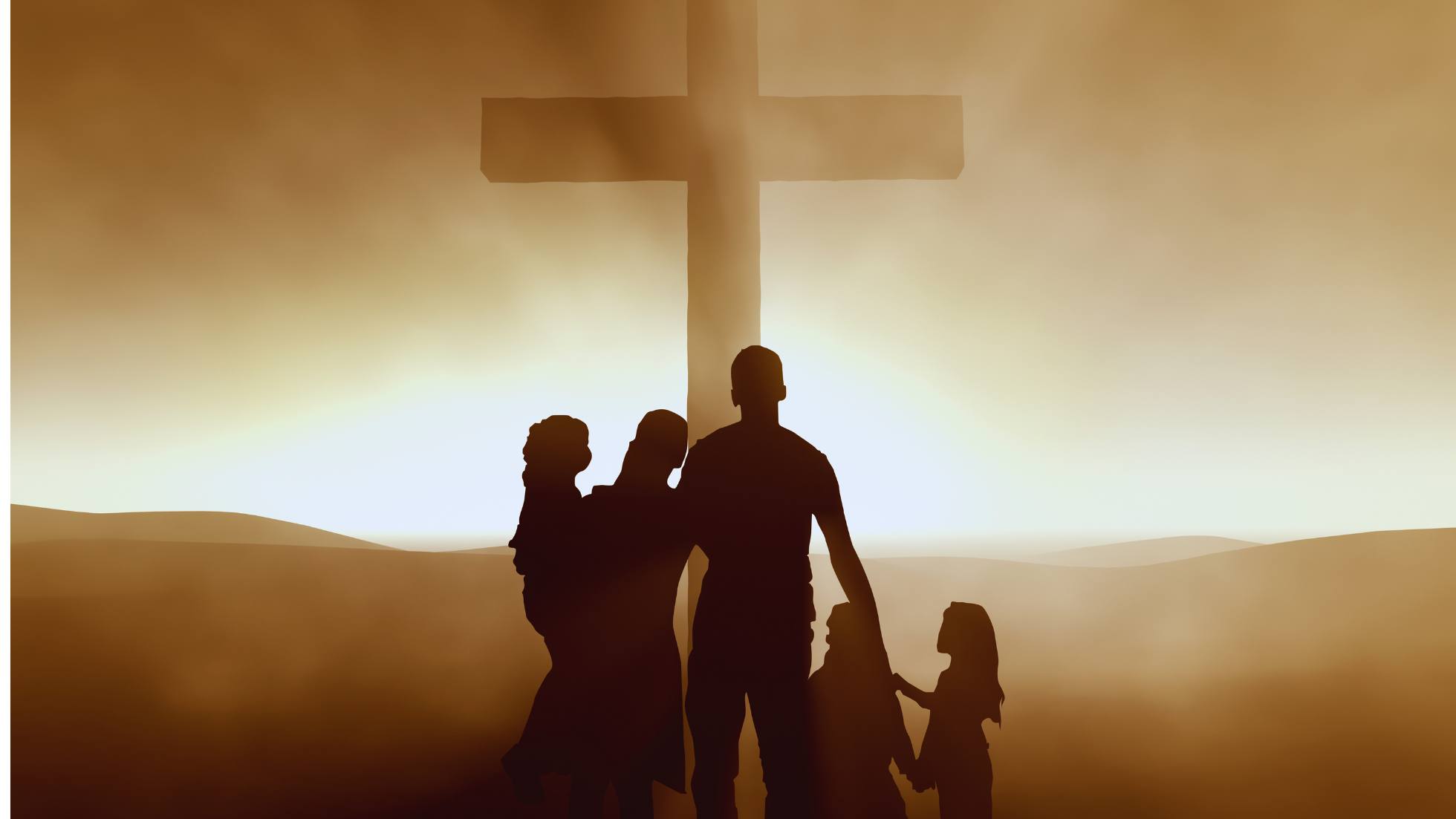 A family stands together at sunrise in front of a large cross, symbolizing unity, faith, and the importance of church.